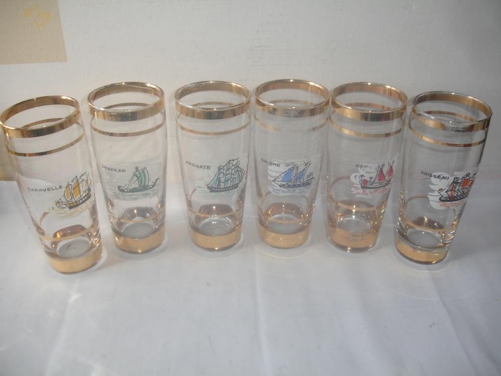 6 bier- of frisdrankglazen met afbeelding van schepen, Verzamelen, Glas en Drinkglazen, Ophalen of Verzenden, Gebruikt, Frisdrankglas