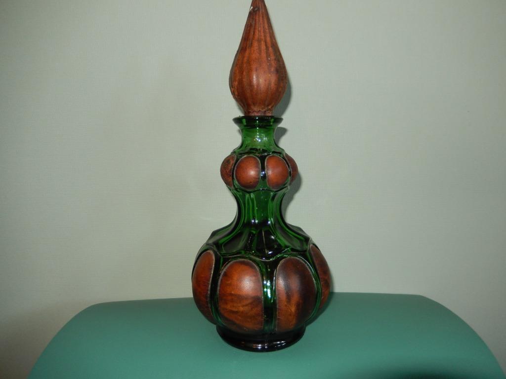 Vintage karaf in glas+leder, wijn-likeurfles Empoli italië, Ophalen of Verzenden