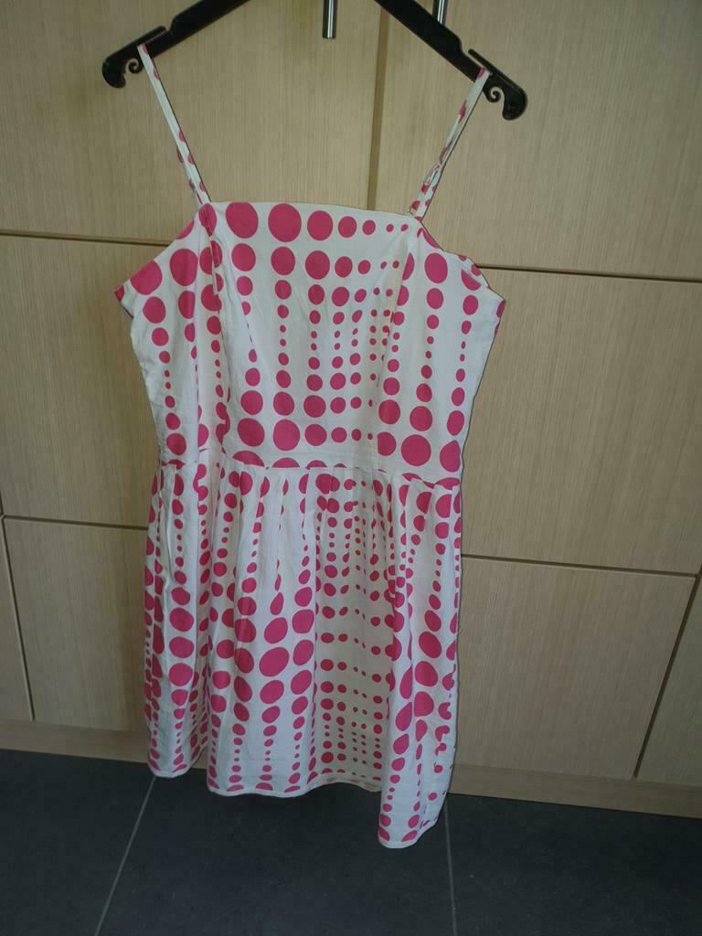 witte jurk met roze bolletjes - maat 38, Kleding | Dames, Jurken, Ophalen, Zo goed als nieuw, Maat 36 (S), Roze