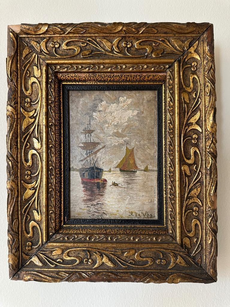 Klein antiek zeeschilderij, gesigneerd De Vos, Ophalen of Verzenden