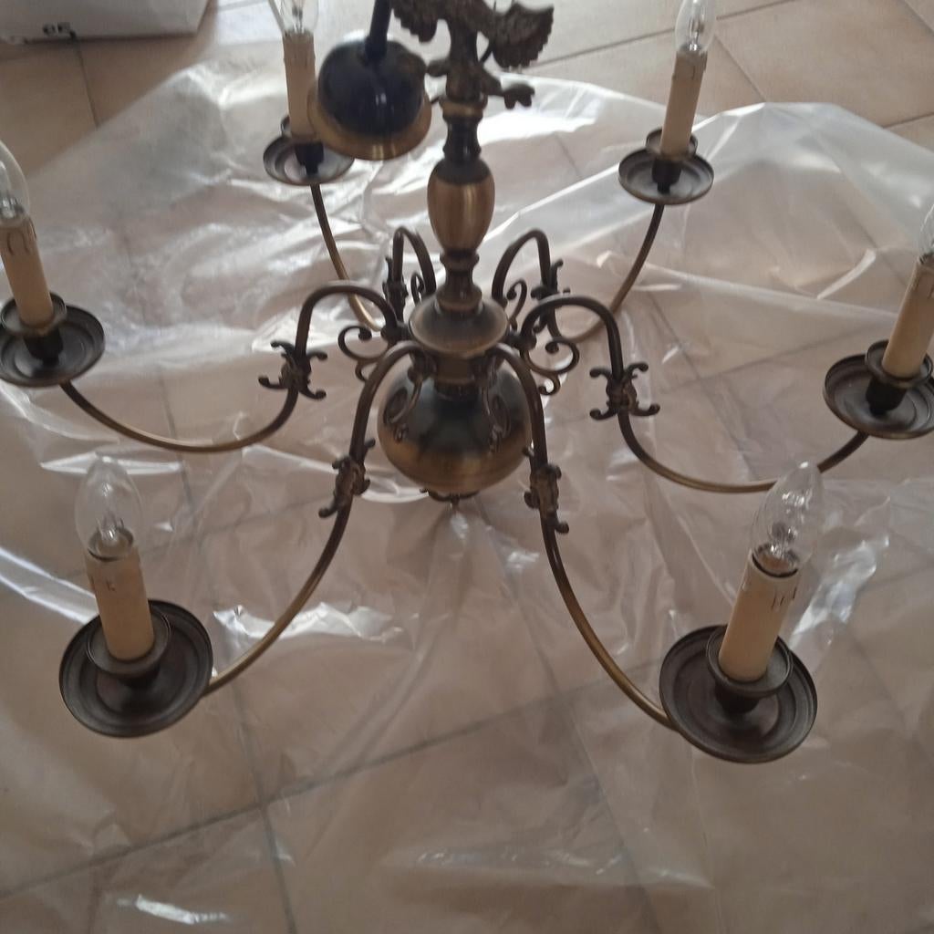 Vintage luster met 6 armen, brons, + 50 jaar oud, Ophalen, Zo goed als nieuw