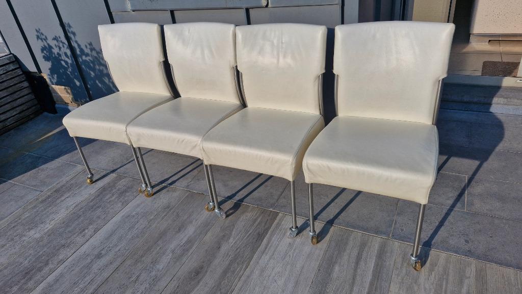JOLI - 4 leren stoelen met afneembare hoezen op wielen -, Huis en Inrichting, Stoelen, Ophalen, Wit, Contemporain, Vier