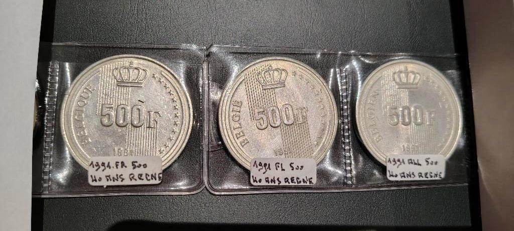 3 pièces 500 francs - 60e anniversaire du Roi Baudouin 1991, Enlèvement ou Envoi, Monnaie en vrac, Argent