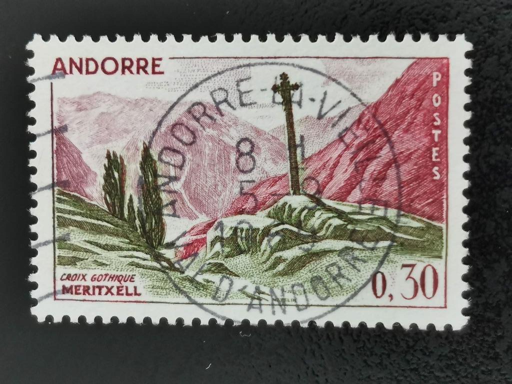 Frans Andorra 1961 - landschap met Gotisch Kruis, Meritxell, Ophalen of Verzenden, Gestempeld