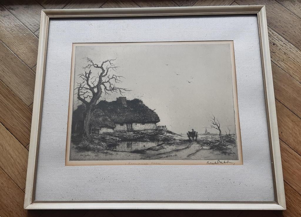2 ingekaderde etsen dirk baksteen 1886- 1971, Ophalen of Verzenden
