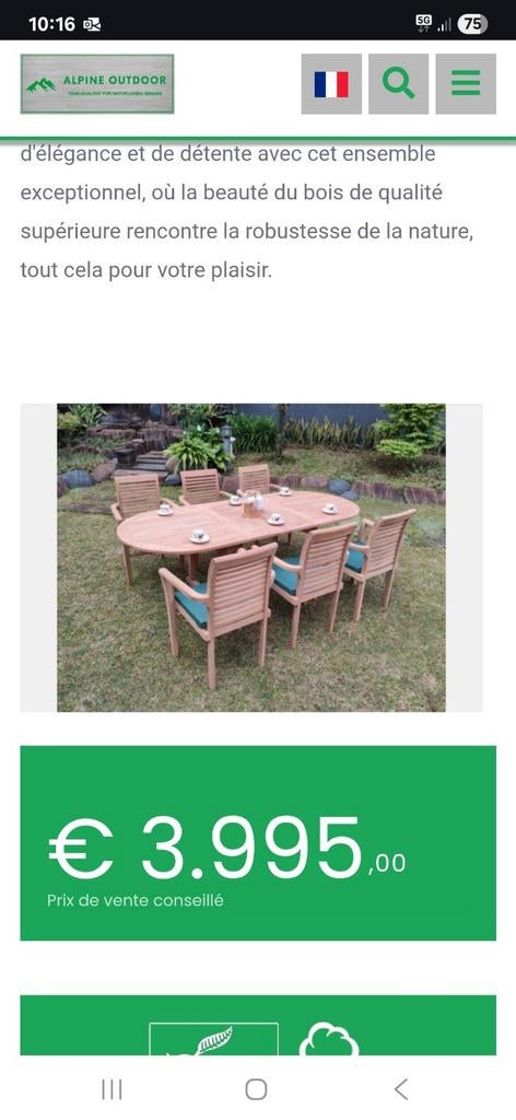 Ensemble de jardin en teck massif – Table extensible + 6 cha, Enlèvement, Comme neuf