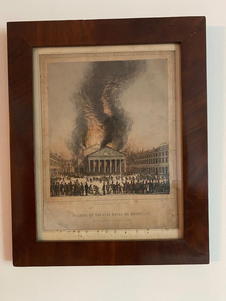 Litho 1855 Brussel brand Koninklijke Muntschouwburg, Ophalen