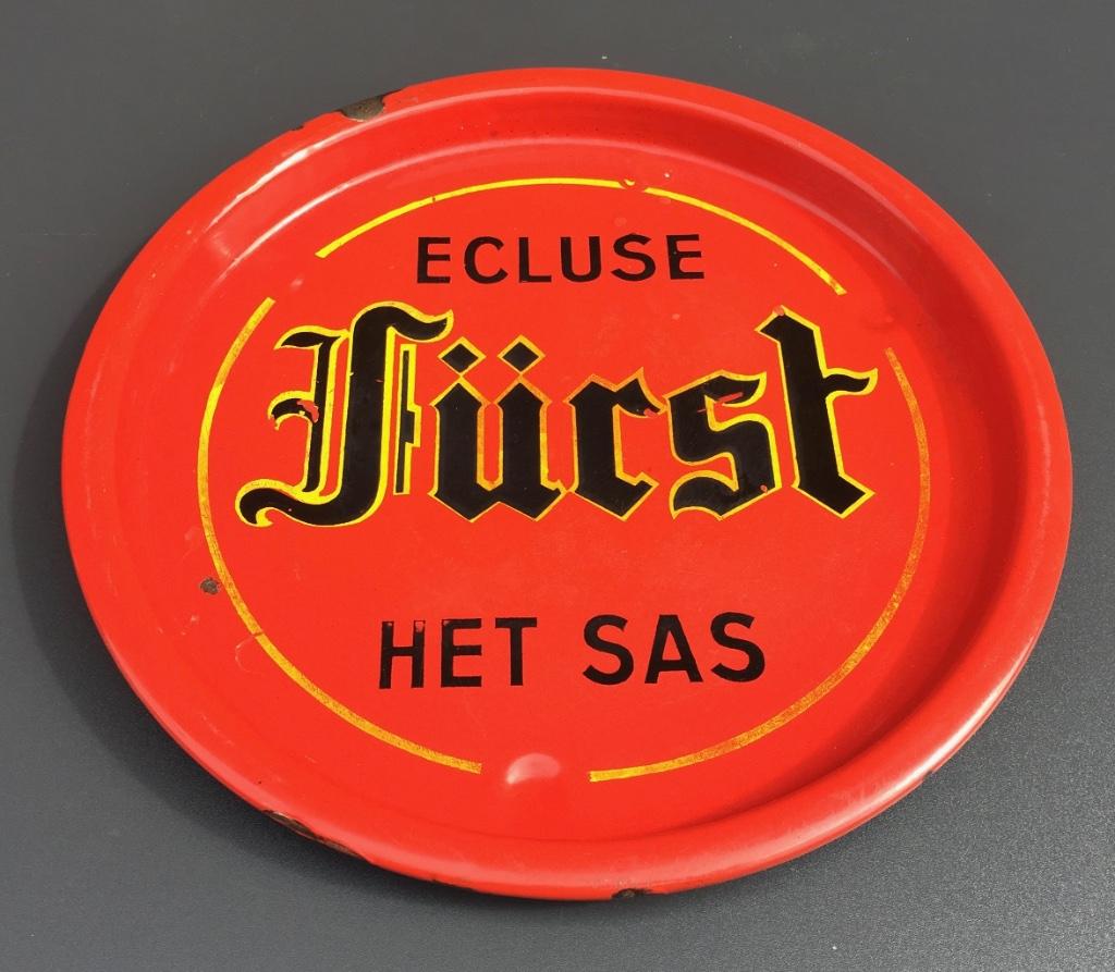Bierplateau emaille, dienblad Ecluse, Fürst, Het Sas, Verzamelen, Biermerken, Gebruikt, Reclamebord, Plaat of Schild, Overige merken
