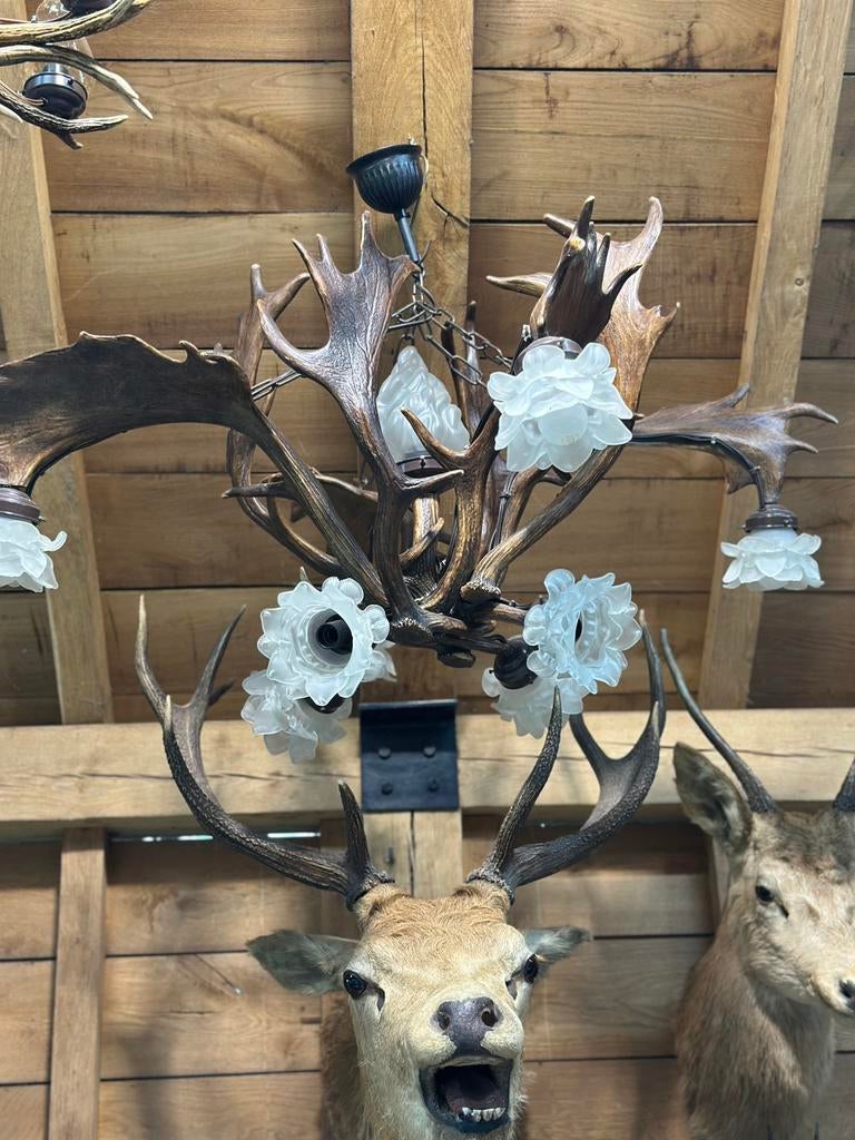 Gewei luster kroonluchter witte glazen bloemen, Ophalen