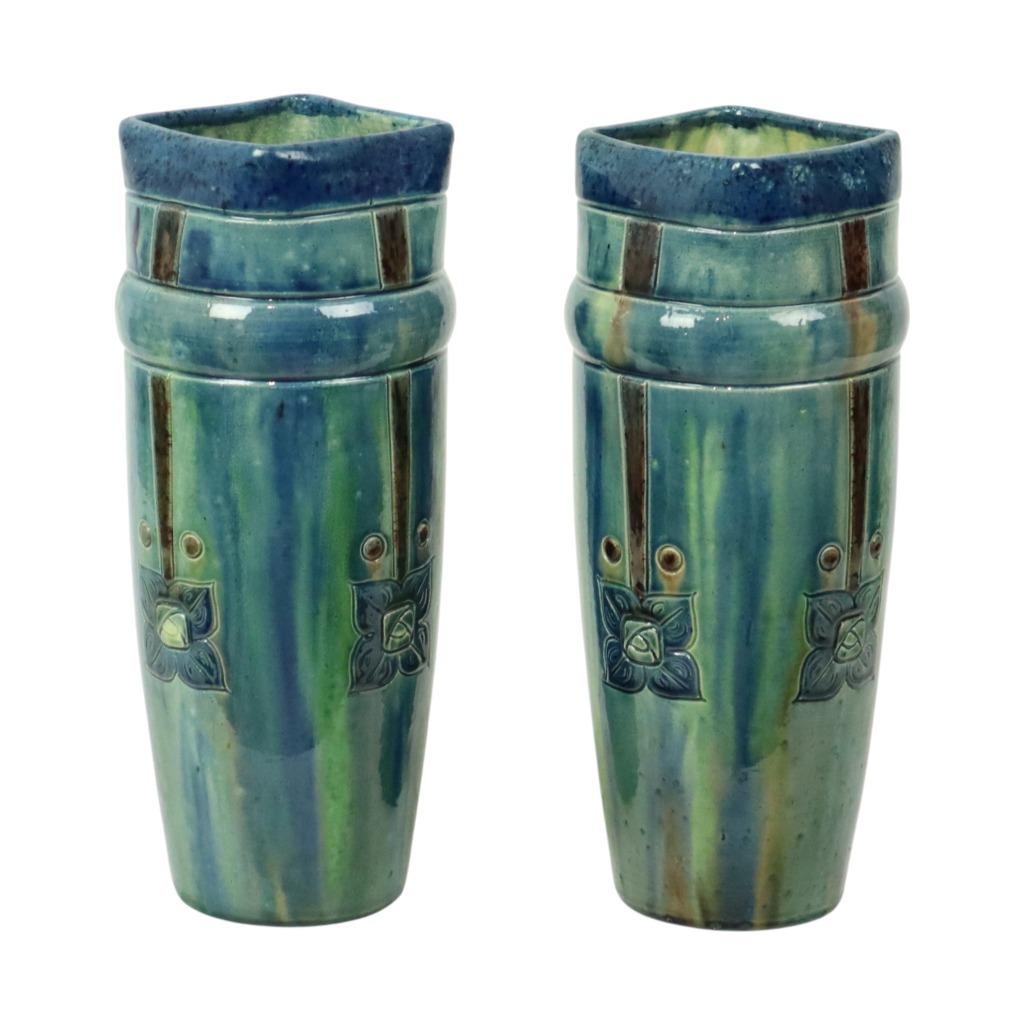 Koppel Blauwe Art Nouveau Vazen Vlaams Aardewerk Antiek, Antiek en Kunst, Antiek | Vazen, Ophalen of Verzenden