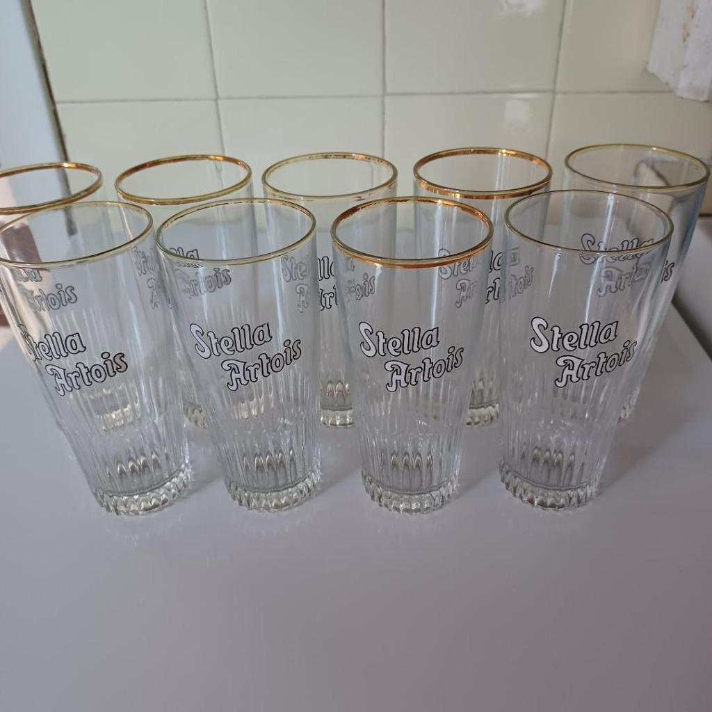 9 oude glazen stella artois., Verzamelen, Ophalen, Gebruikt, Glas of Glazen, Stella Artois