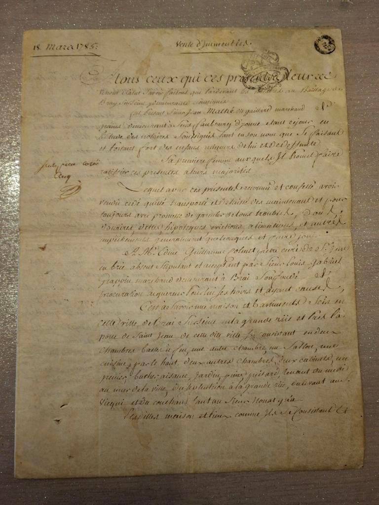 Parchemin original daté de 1786 – Château d’Everly (Seine-et, Enlèvement ou Envoi