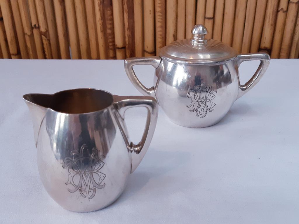 Wiskemann suikerpot & creamer in verzilverd messing stempel, Ophalen of Verzenden, Zilver