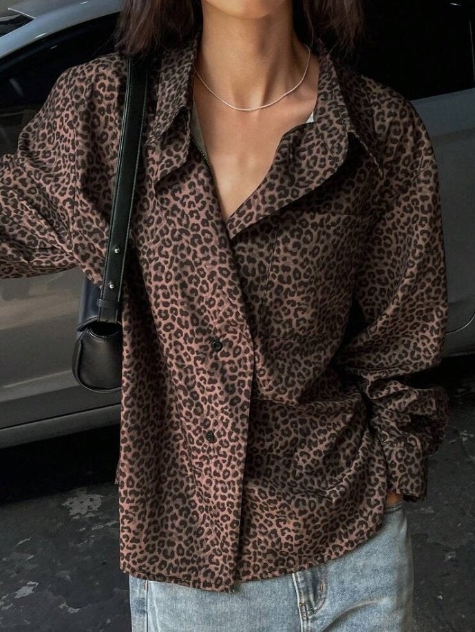 Blouse en satin à imprimé léopard, chemise streetwear, Neuf, Taille 38/40 (M), Elena Mirò, Brun