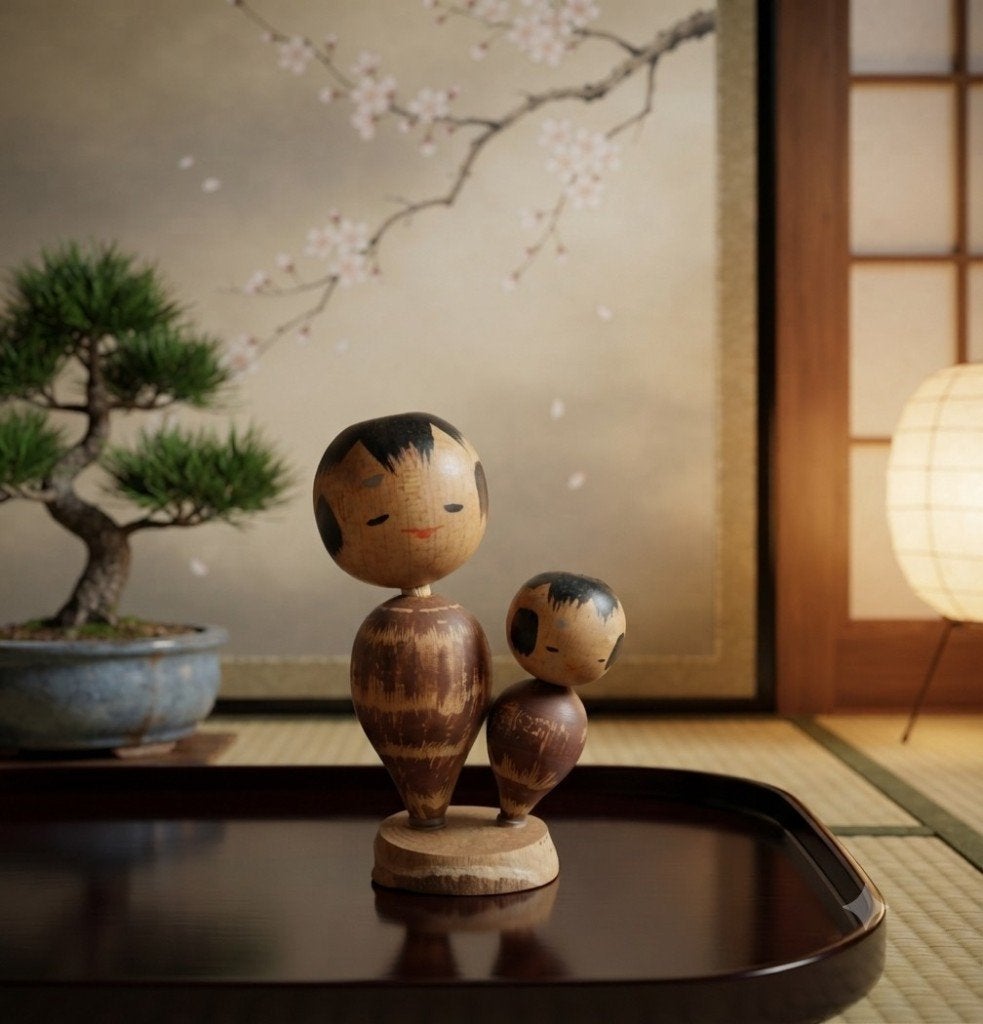 Schattig Daitō Bobblehead Kokeshi paartje, Antiek en Kunst, Hout, Verzenden, 9 cm, Japan