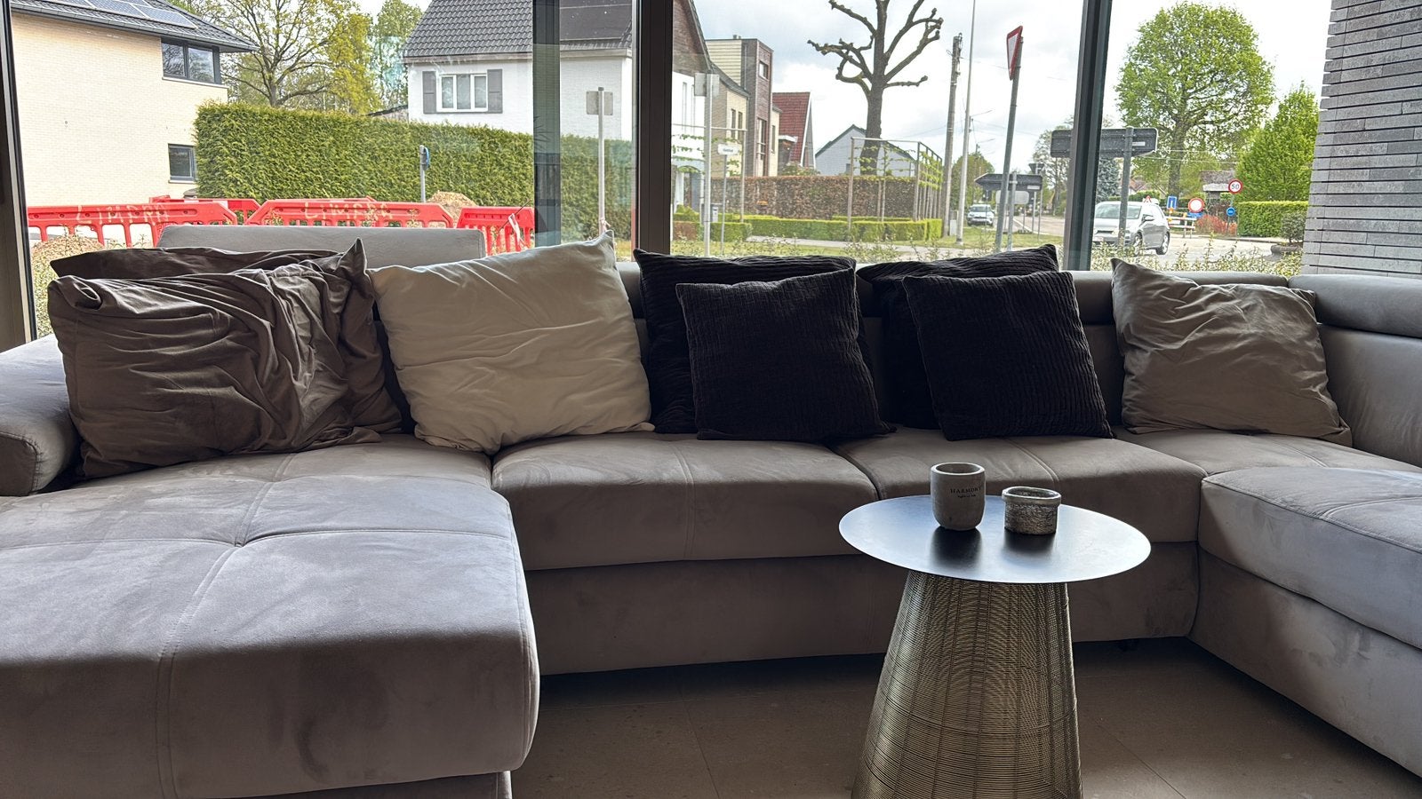 Hoekbank Canapé Taupe Velvet met slaapfunctie, eiland rechts, Ophalen, Zo goed als nieuw, Stof