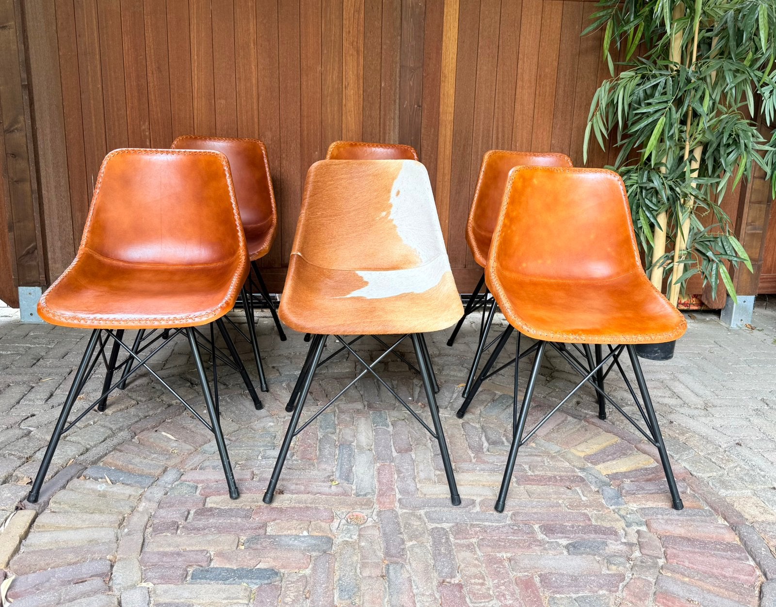 Ensemble de 6 chaises en cuir véritable de cognac, Maison & Meubles, Industrieel - Modern - Stoer, Comme neuf, Brun, Enlèvement