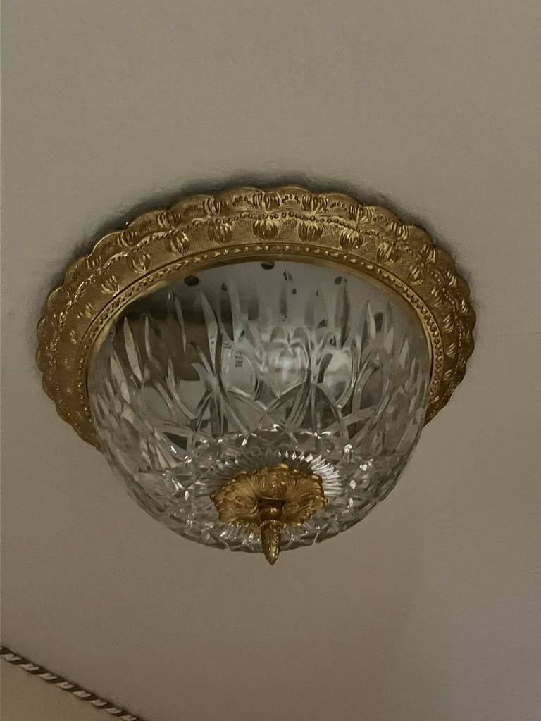 Klassieke Kristallen Plafonnière – Messing & Geslepen Glas, Ophalen, Zo goed als nieuw, Glas