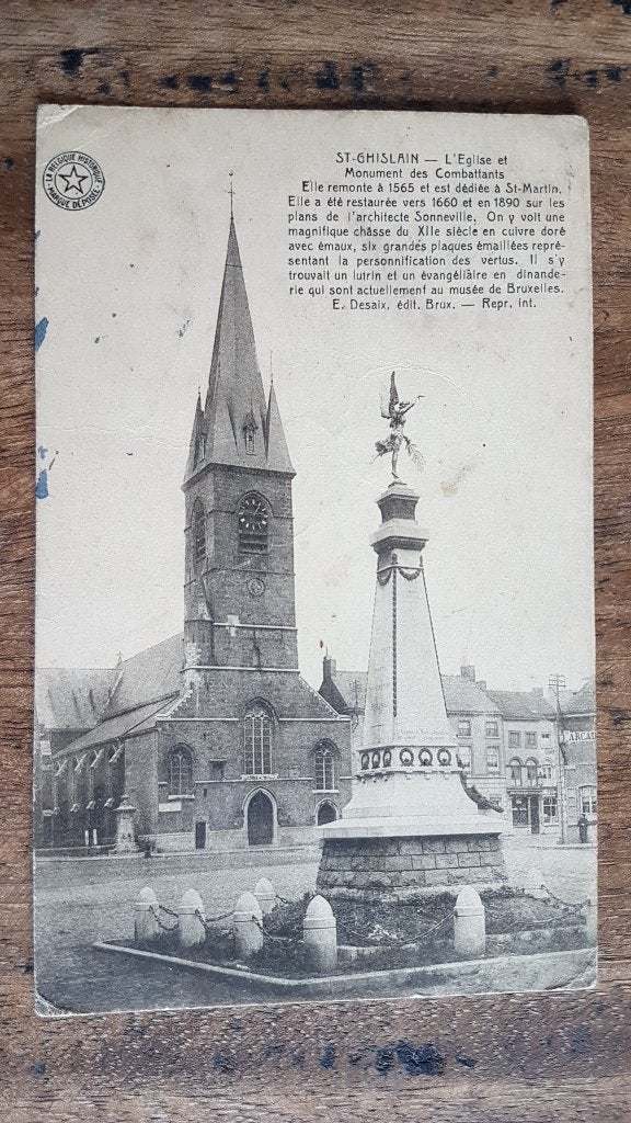 Carte postale St-Ghislain L'Eglise et Monument, Enlèvement ou Envoi, 1920 à 1940, Affranchie, Hainaut