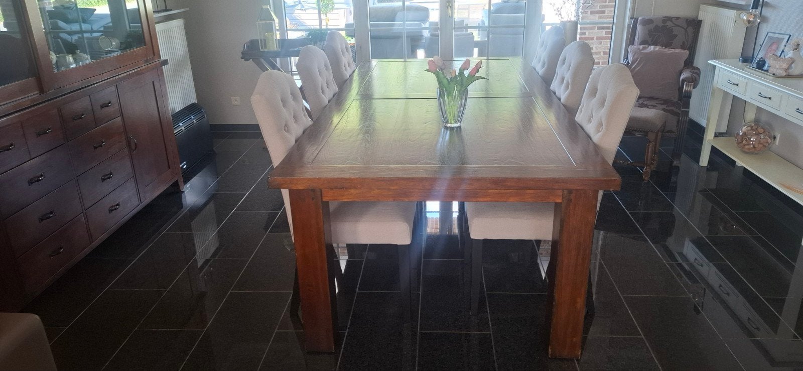 Eiken eettafel met 6 landelijke stoelen, 150 à 200 cm, Comme neuf, Landelijk, Enlèvement