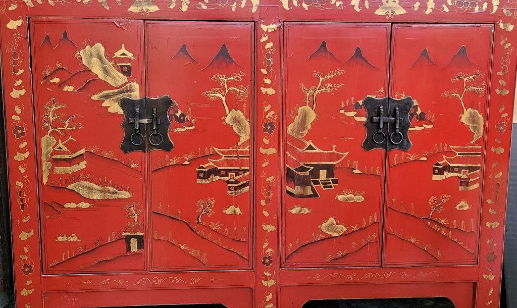mooie 'chinese' kast, met schap binnen in., Ophalen