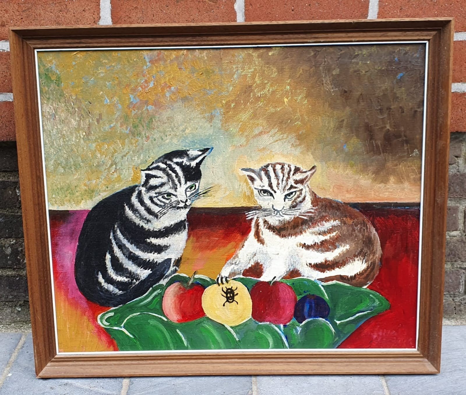 Vintage olieverfschilderij katten stilleven - 60x50 cm, Antiek en Kunst, Ophalen, Handgeschilderd, Doek, Stilleven