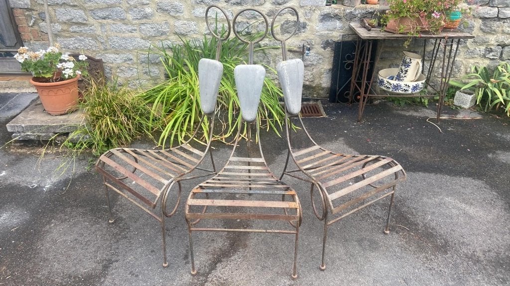 Trio fauteuils métal artisanat dans le gout d'André Dubreuil, Maison & Meubles, Enlèvement ou Envoi, Métal
