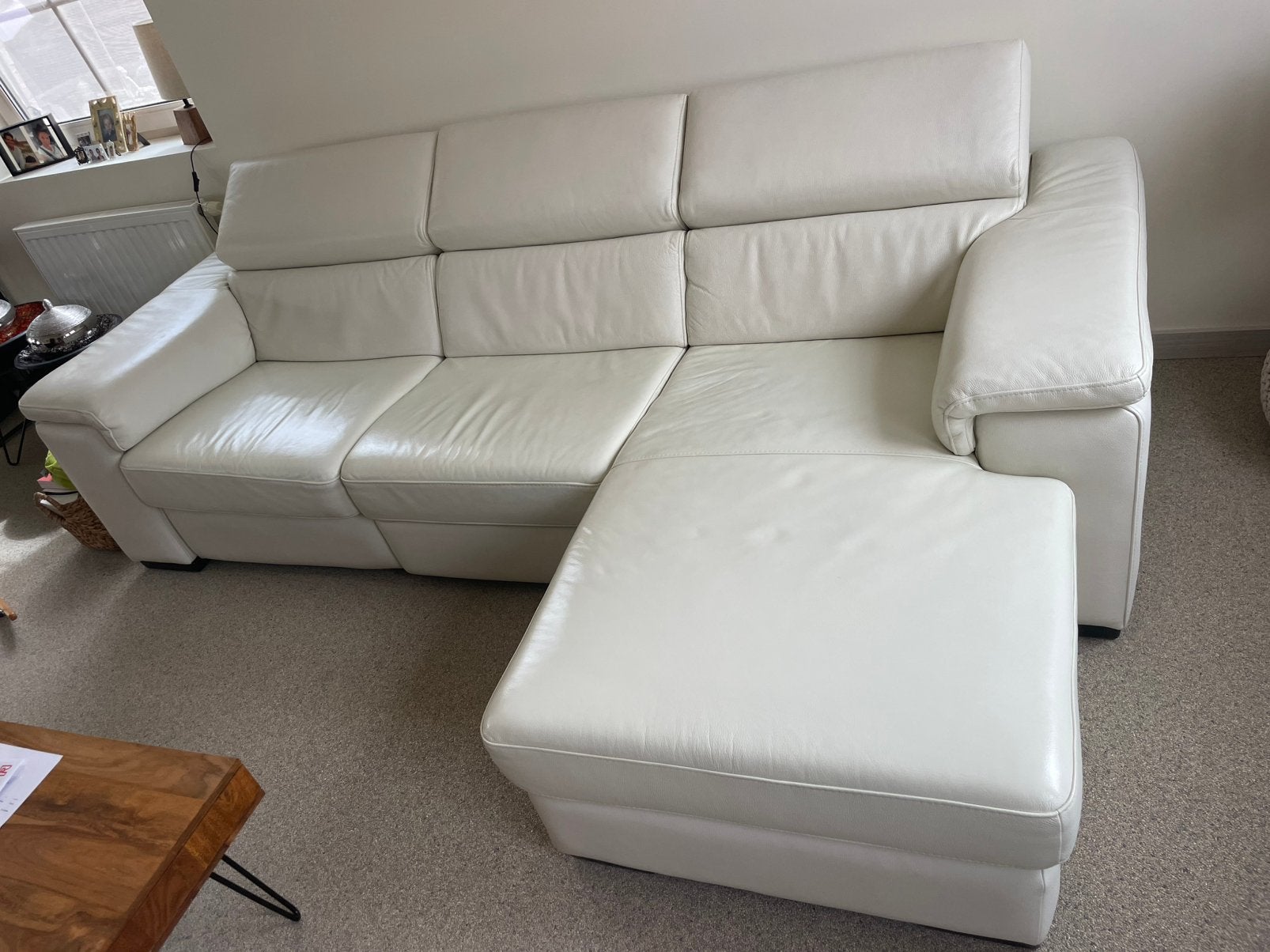 Crème kleurig lederen salon met relax, Ophalen, Gebruikt, Hout, Tijdloos