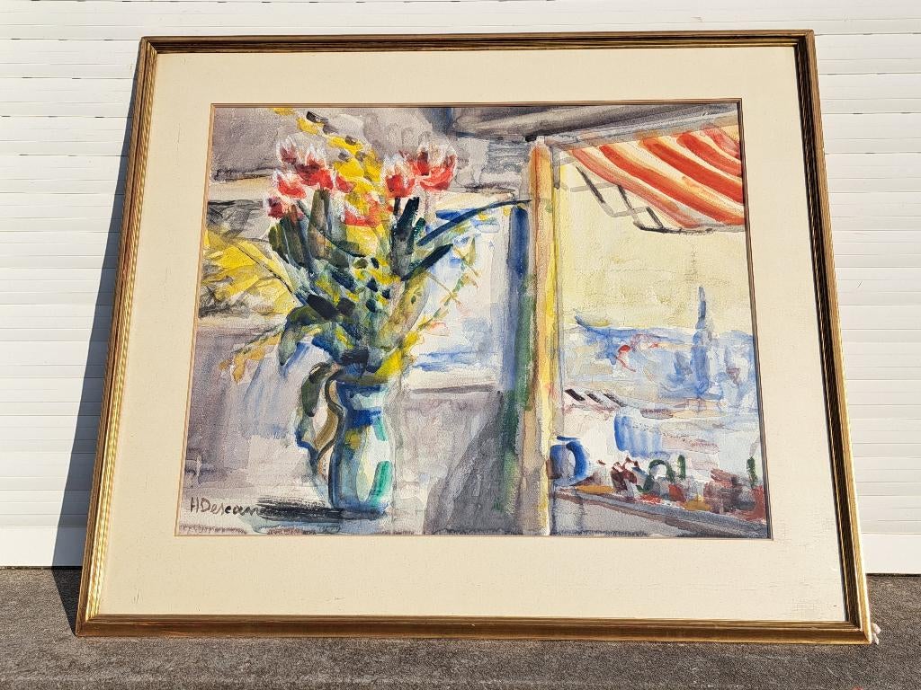 aquarelle les tulipes signe henri descamps, Antiek en Kunst, Ophalen of Verzenden
