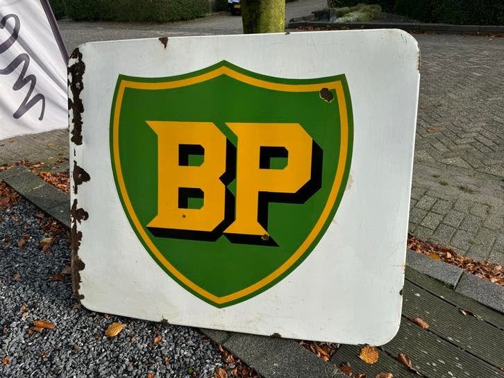 Vintage groot BP Emaille Reclamebord, Antiek en Kunst
