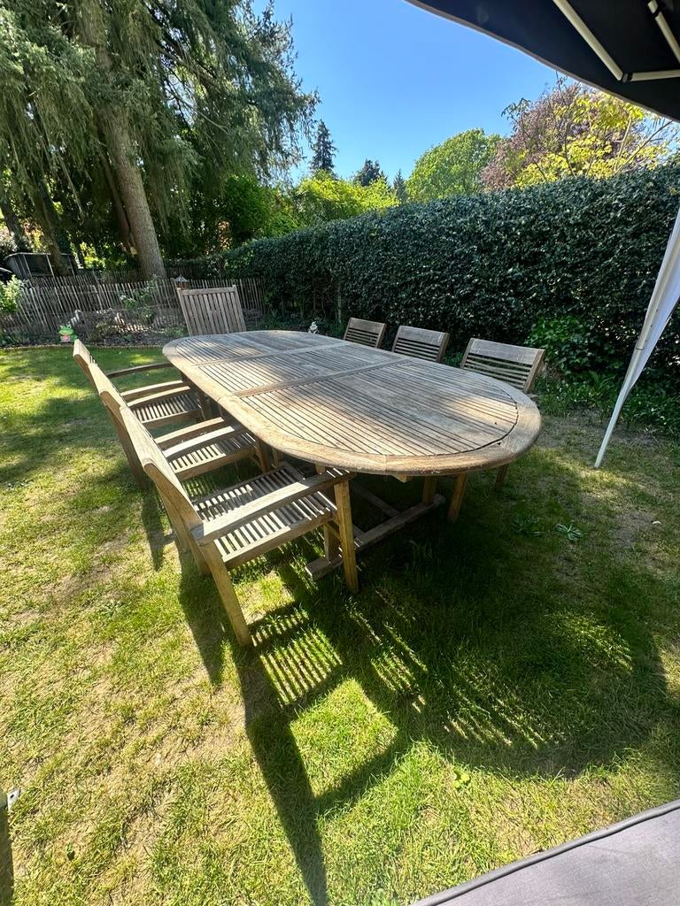 Tuintafel + stoelen gratis af te halen, Jardin & Terrasse, Tables de jardin, Enlèvement, Utilisé, Ovale, Bois de teck