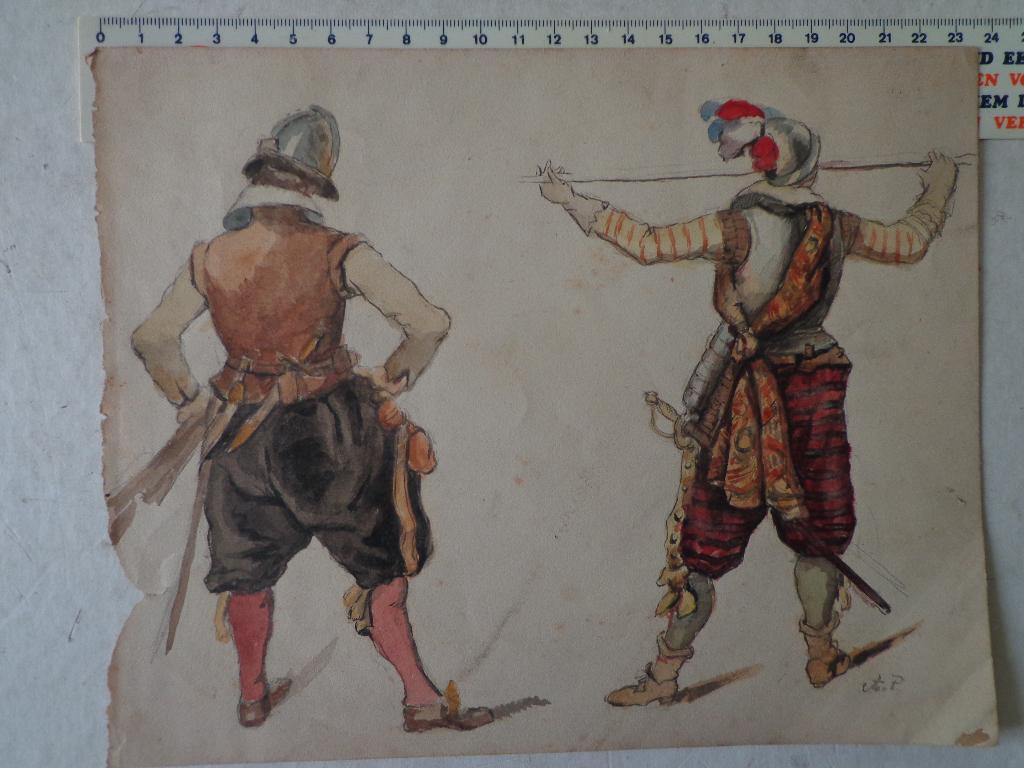 19de eeuwse aquarel met soldaten in 17de eeuws kostuum AP, Antiquités & Art, Enlèvement ou Envoi
