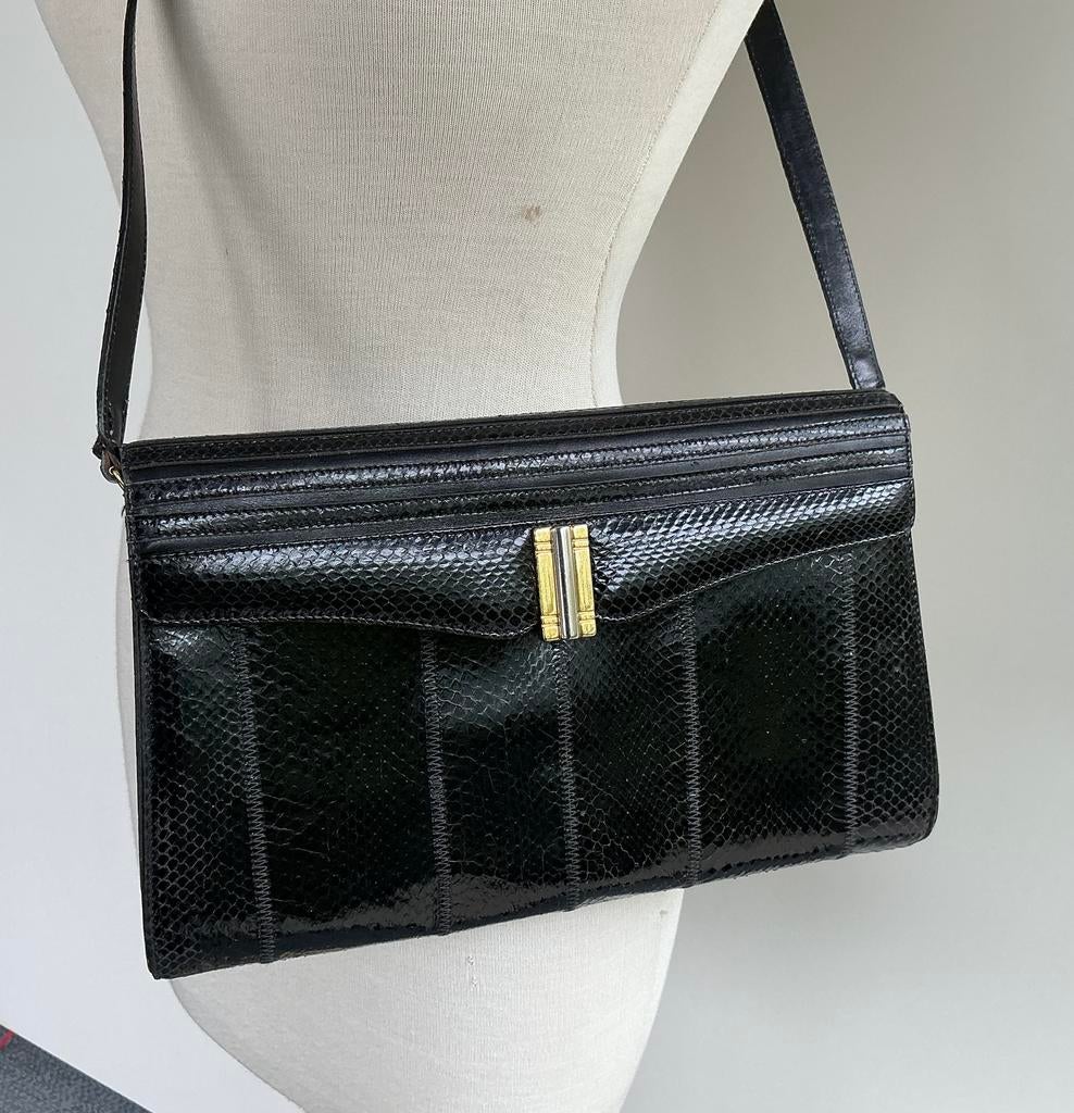 Zwart croco lederen schoudertas, Handtassen en Accessoires, Tassen | Damestassen, Ophalen of Verzenden, Gebruikt, Zwart, Schoudertasje