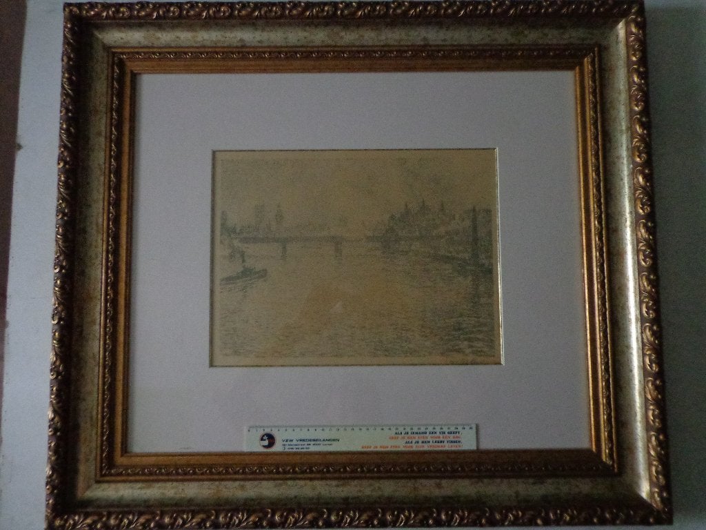 Fraaie litho Leon De Smet Theems Londen eerste wereldoorlog, Antiek en Kunst, Ophalen, Stadsgezicht, Gesigneerd, Lithografie