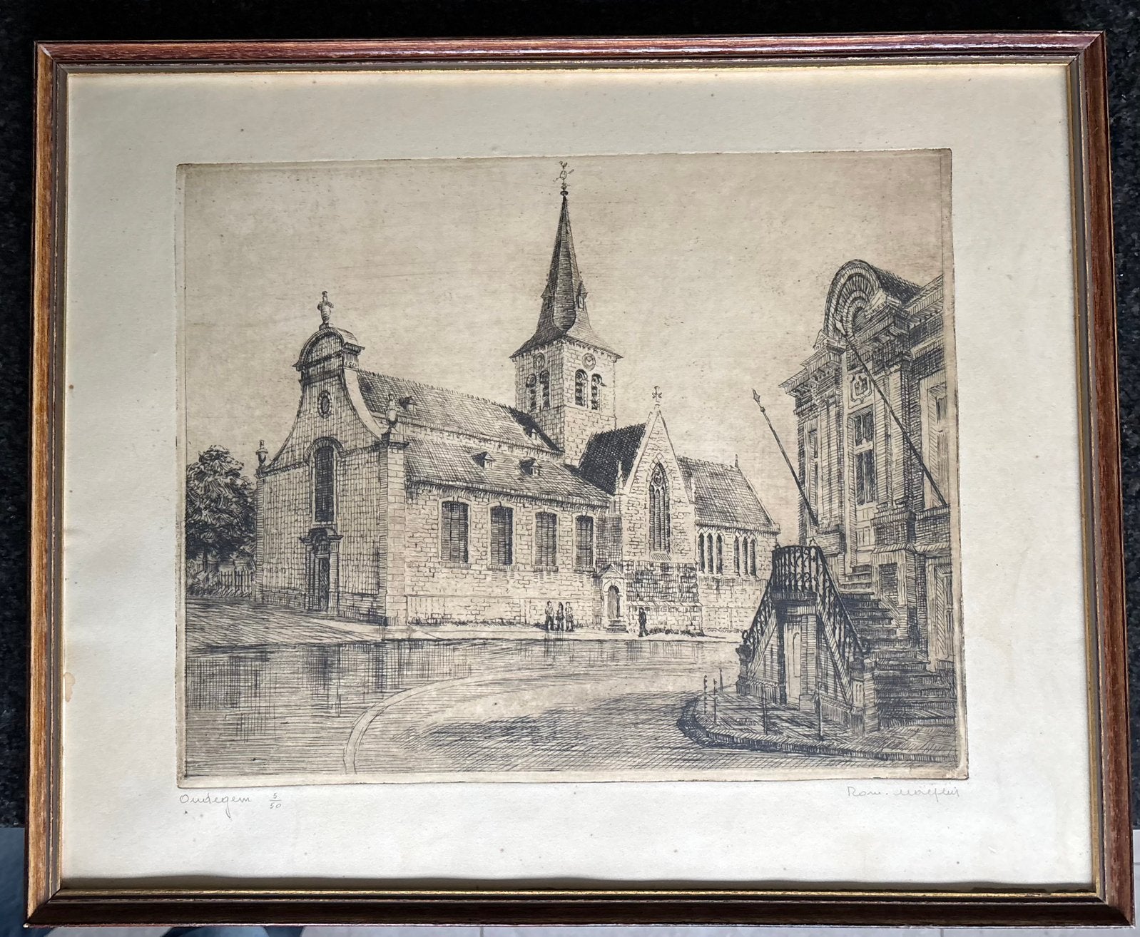 Ets van Romain Malfliet  “ Oudegem “  5/50, Ophalen, Ets, Stadsgezicht, 50 cm