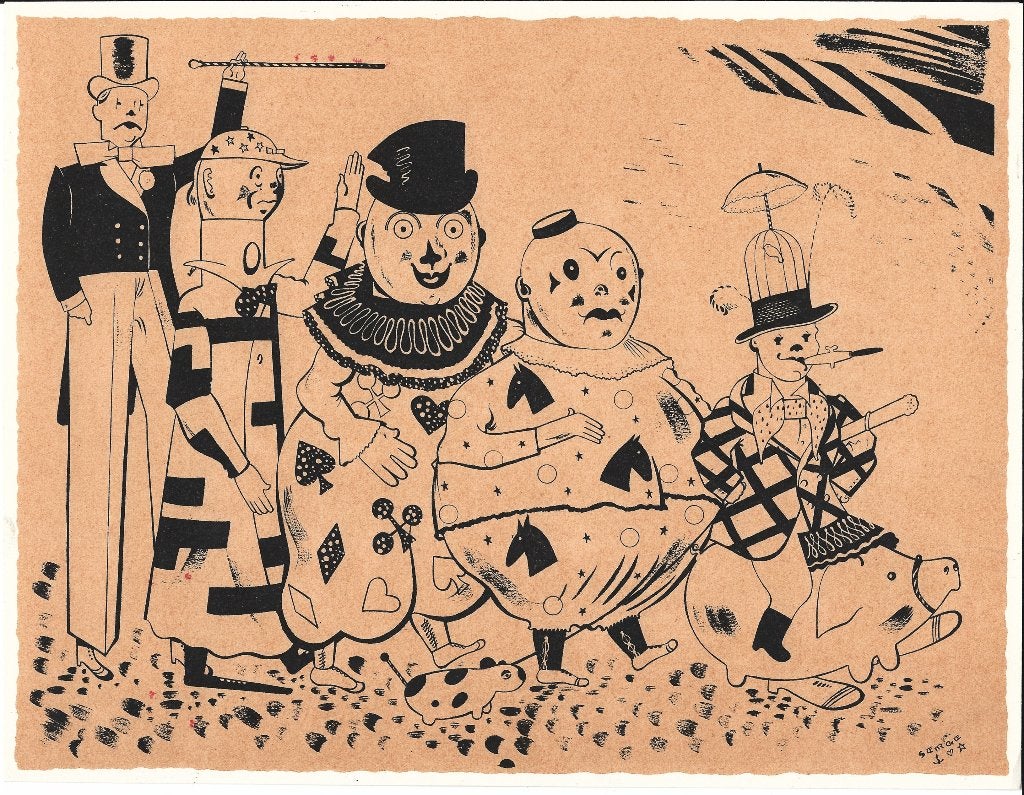 Panorama du cirque - SERGE - 1944 - charivari - lithographie, Antiquités & Art, Enlèvement ou Envoi, Lithographie, Portraits et figures