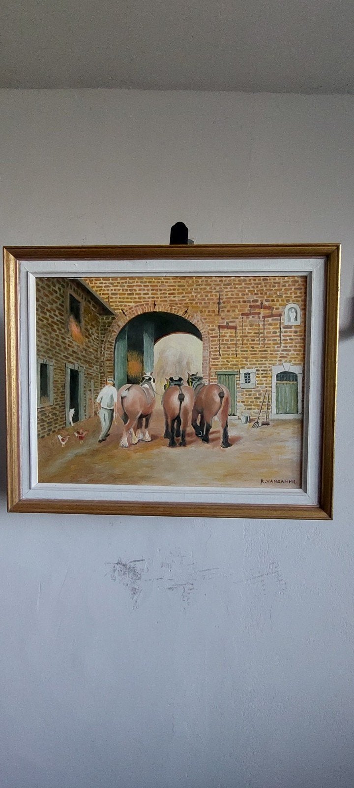 schilderij hoeve met trekpaarden, Antiek en Kunst, Ophalen, Gesigneerd