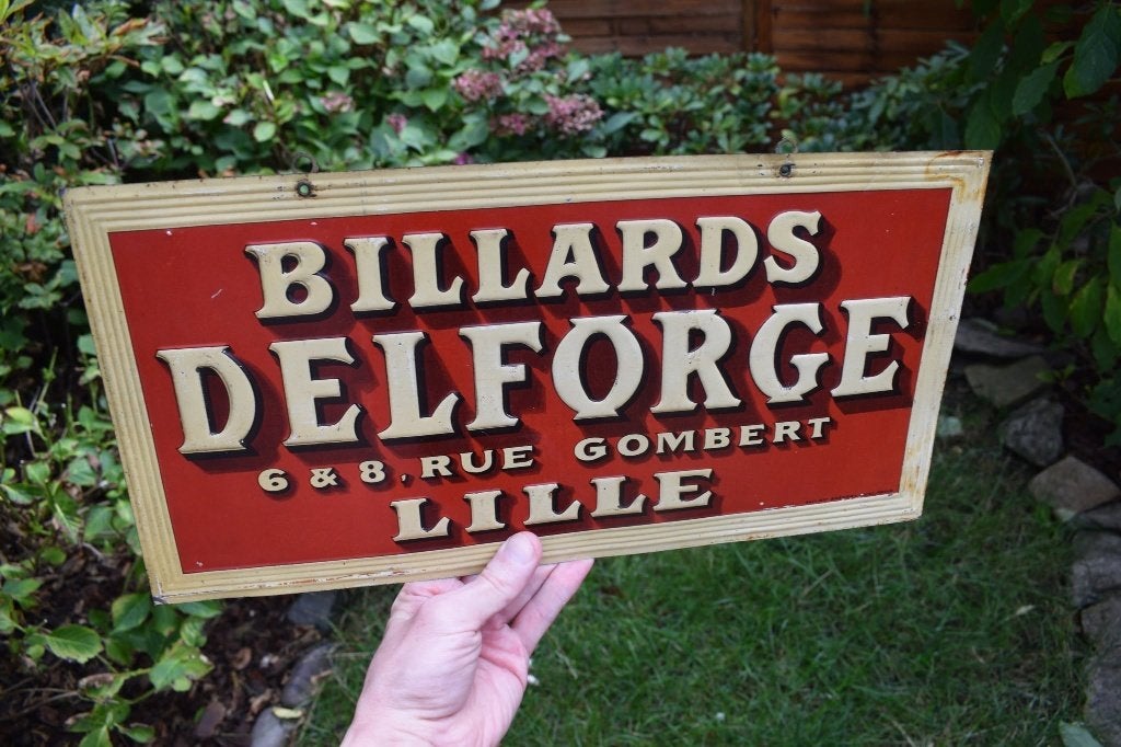 liquidation plaque publicitaire billards delforge 1910 1920, Collections, Enlèvement ou Envoi, Utilisé, Panneau publicitaire