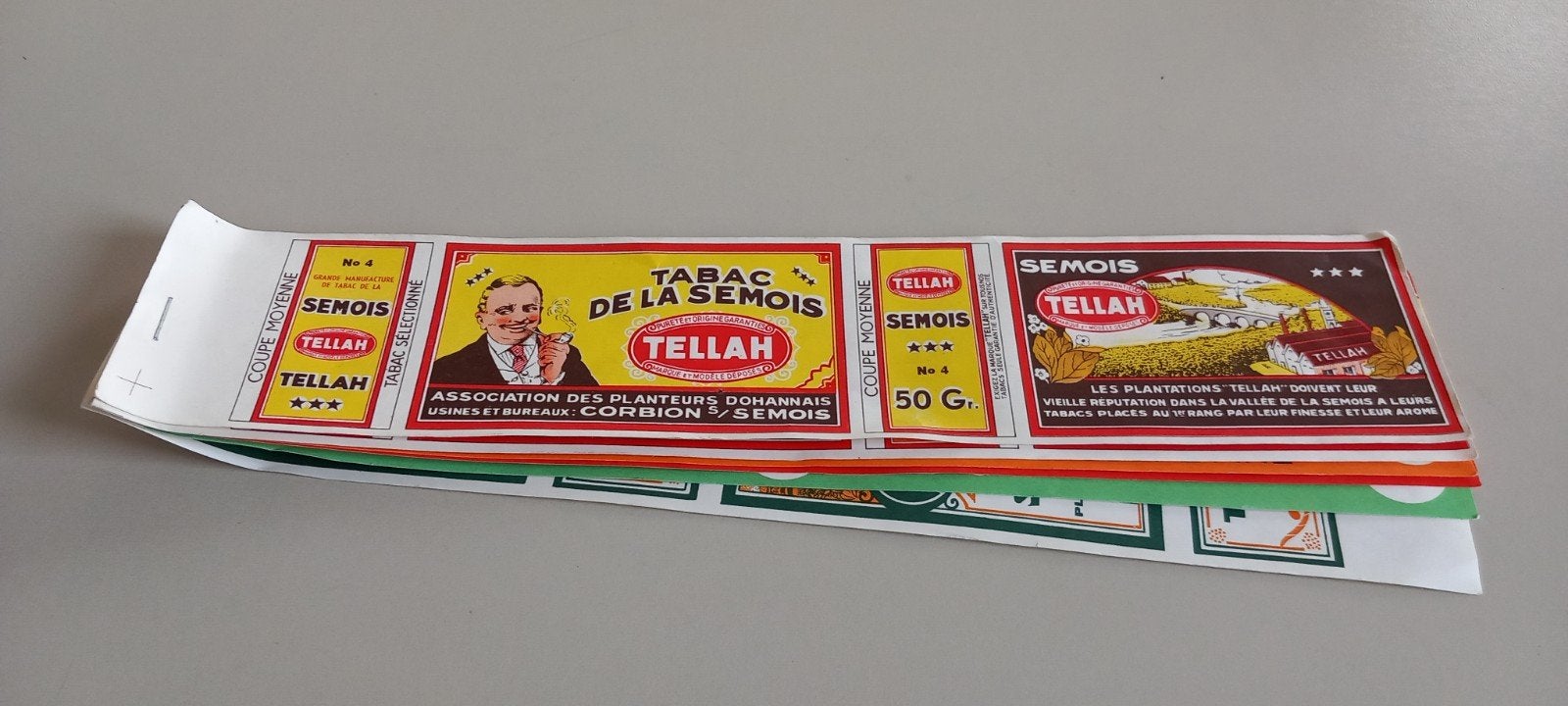 6 anciennes étiquettes Tabac de la Semois Tellah, Enlèvement ou Envoi, Comme neuf