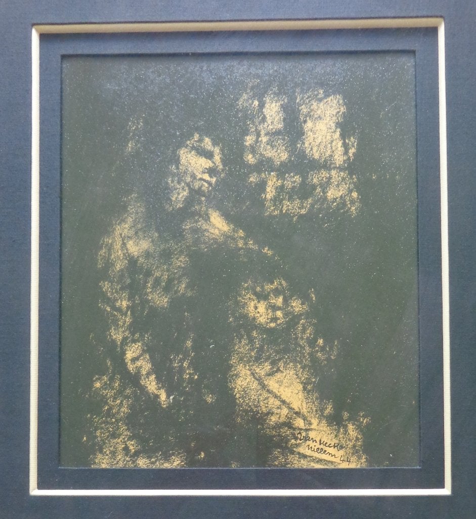 WILLLEM VAN HECKE / KOPPEL FIGUREN / ORIGINEEL 46x42cm KADER, Antiek en Kunst, Figuren, Papier/karton, Ophalen of Verzenden, Gemengde techniek