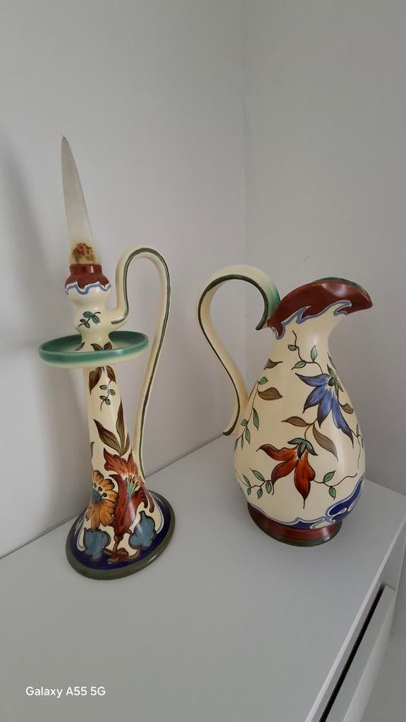 Mooie Geschilderde Vintage Kruik en kandelaar, Ophalen