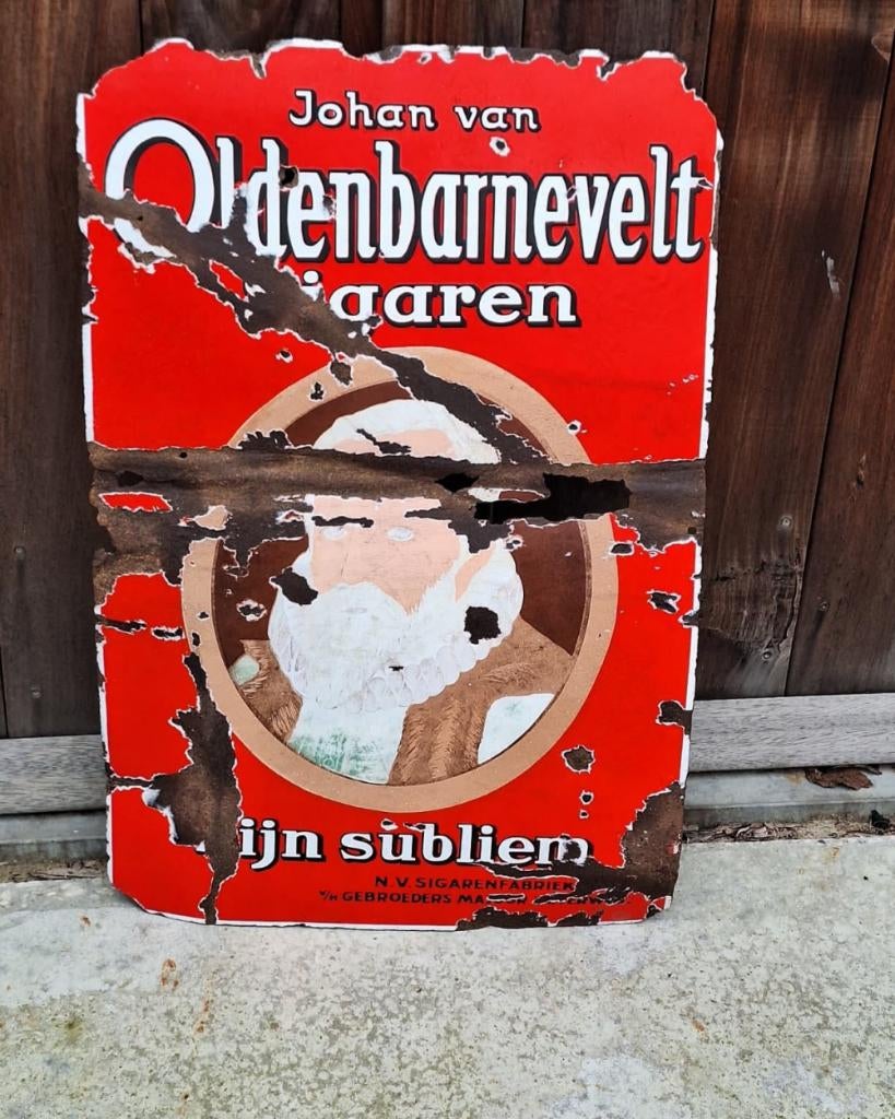 Antiek emaille bord, Johan van Oldenbarnevelt sigaren., Verzamelen, Ophalen of Verzenden, Gebruikt, Reclamebord