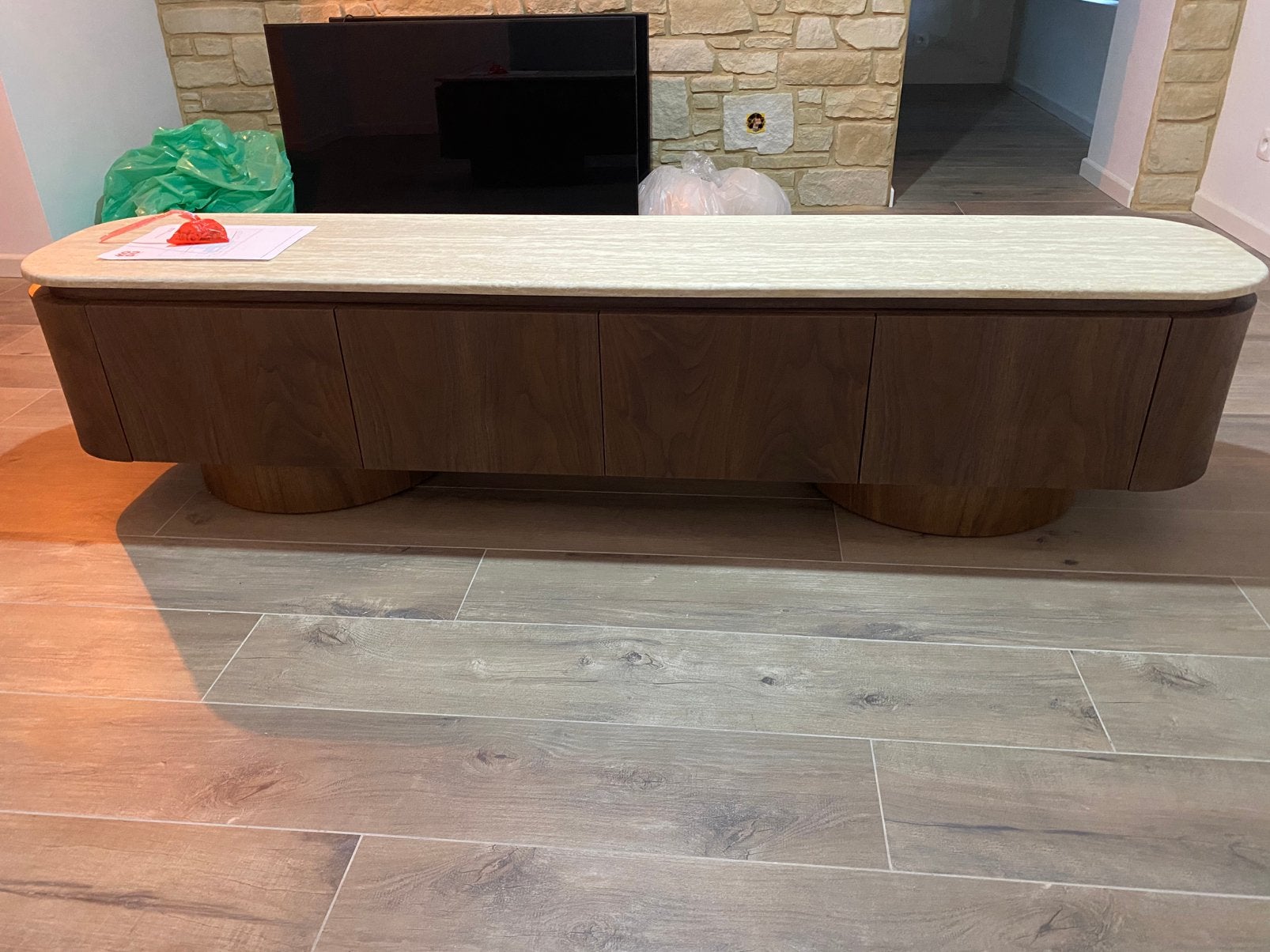 Meuble TV Homabi « Vanessa » 200cm - Noyer & Travertin, 25 à 50 cm, 200 cm ou plus, Moins de 100 cm, Comme neuf