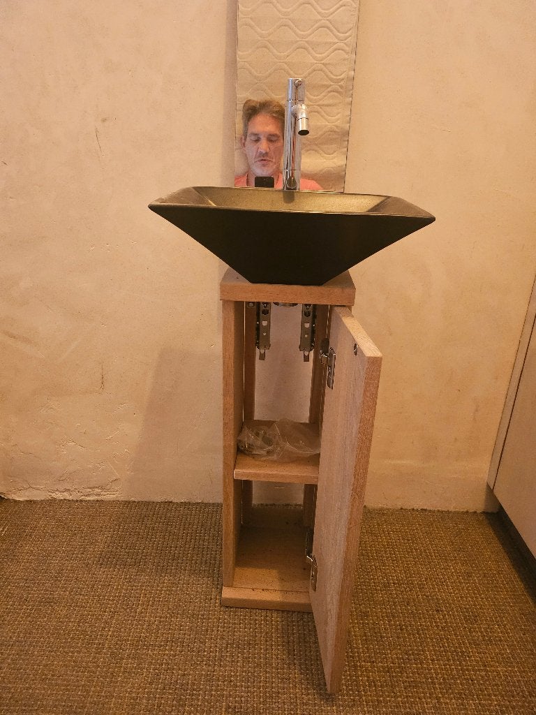 eikenhout wc meubel met stenen lavabo en spiegel, Huis en Inrichting, 100 tot 150 cm, Eikenhout, Nieuw, Modern