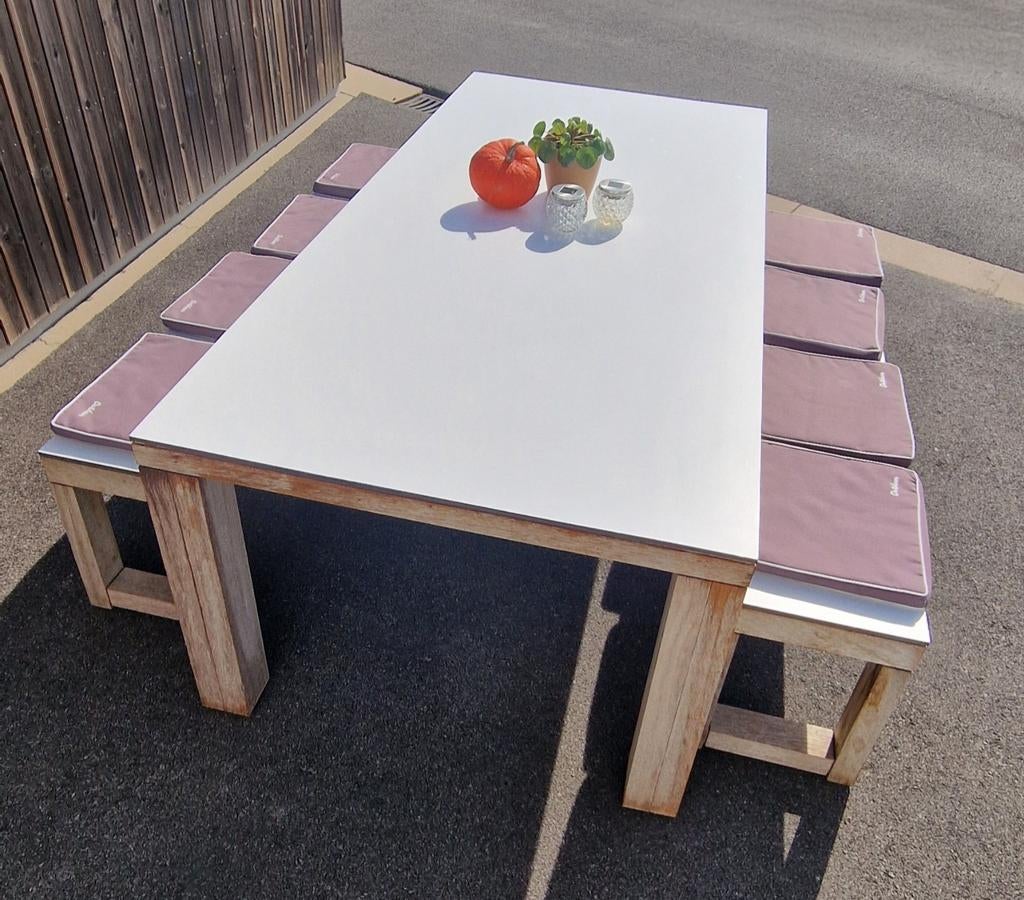 Unieke, Ambachtelijke Tuinset (Iroko & Trespa) + 8 Kussens, Enlèvement, Bois dur, Table à dinner, Salons de jardin