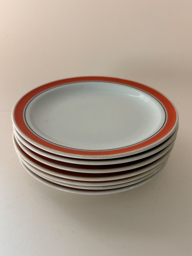 Zeven dessertborden met oranje randen, Gebruikt, Overige merken, Vintage, Ophalen of Verzenden