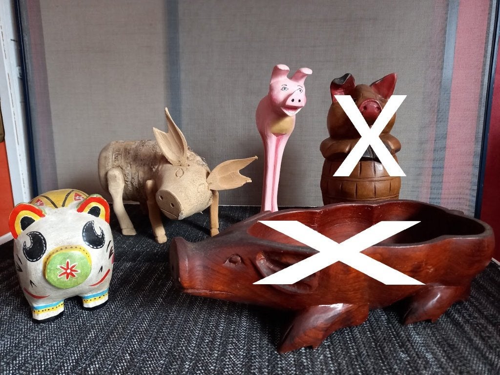 strooien varkens/houten beelden, koffer in boekvorm vanaf 1€, Verzamelen, Ophalen