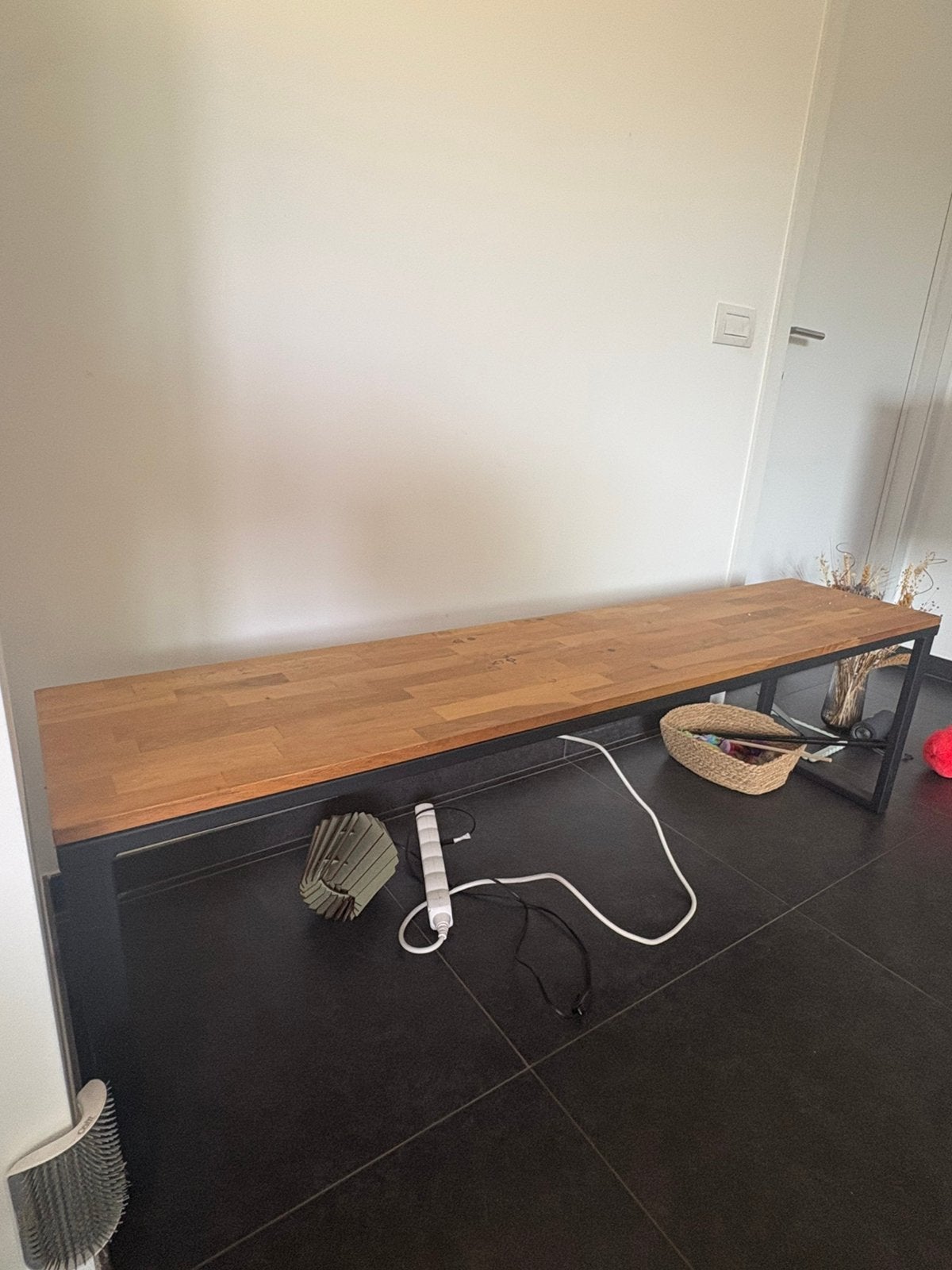 Bank in massief hout en staal, Ophalen, Gebruikt, Drie, Industrieel