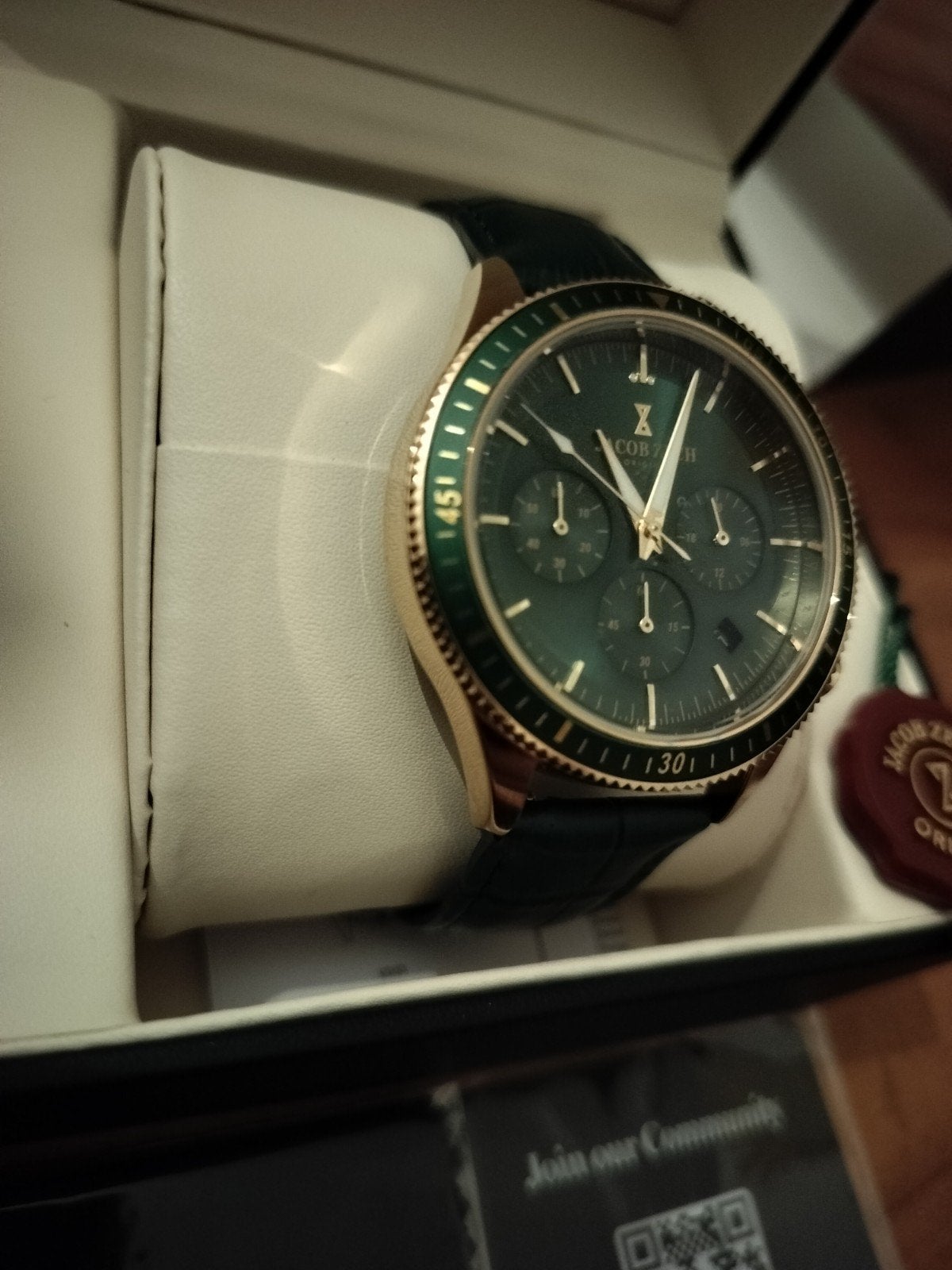 Jacob Zech Milano Horloge - Groen/Goud met Leren Band, Bijoux, Sacs & Beauté, Montres | Hommes, Or, Or, Enlèvement ou Envoi