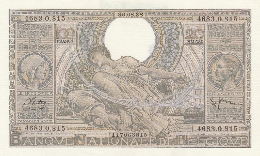 100 Frank/20 Belgas Belgie 30.08.1938, Ophalen, Los biljet